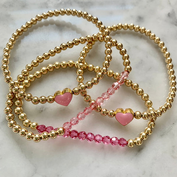 4mm Beaded Bracelet with a Row of Pink Crystals