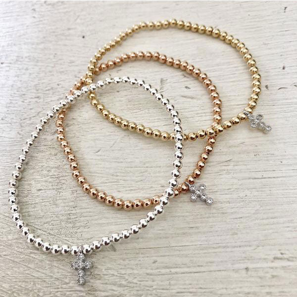 3mm Bead Stretch Bracelet with Sterling Silver/Cubic Zirconia Cross Charm