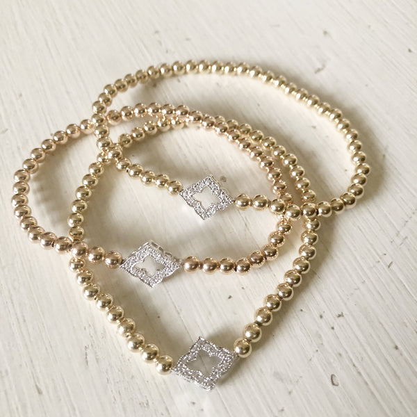 4mm Bead Stretch Bracelet with Sterling Silver/Cubic Zirconia Clover Connector