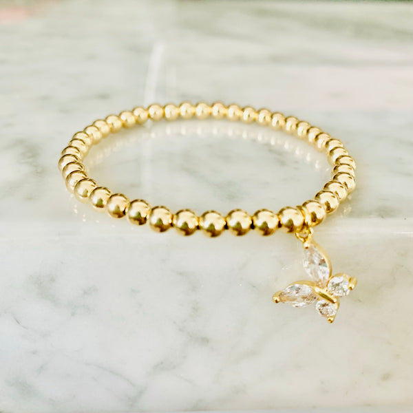 4mm YGF Beaded Stretch Bracelet with Crystal Butterfly Charm