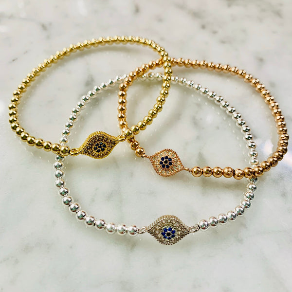 4mm Beaded Bracelet w/ New Matching CZ Evil Eye Connector