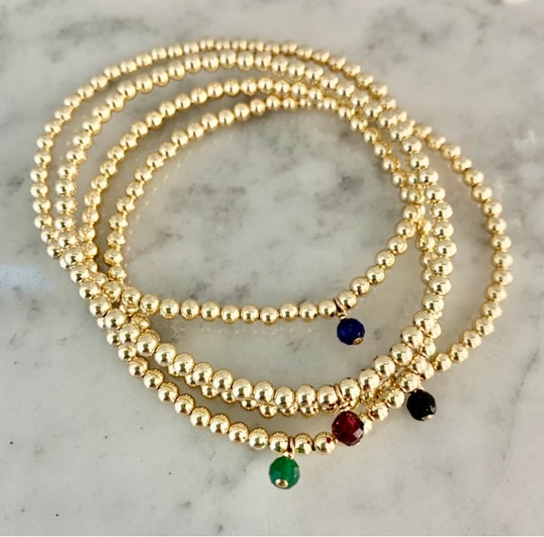 3mm Beaded Bracelet with one 4mm Gemstone Charm