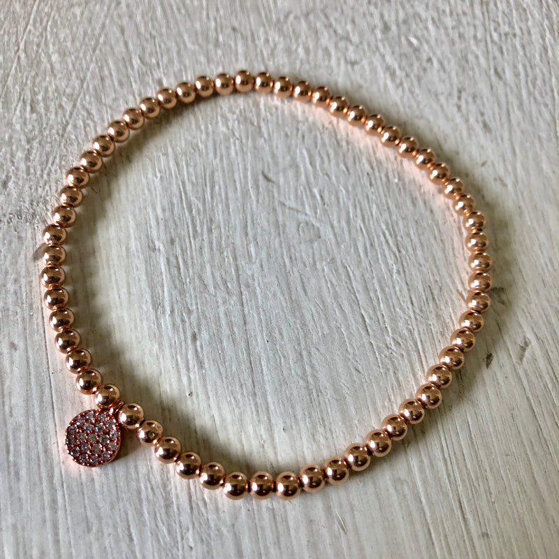 3mm Beaded Stretch Bracelet with Matching Cubic Zirconia Round Disc Charm -  Kelly and Rose Boutique