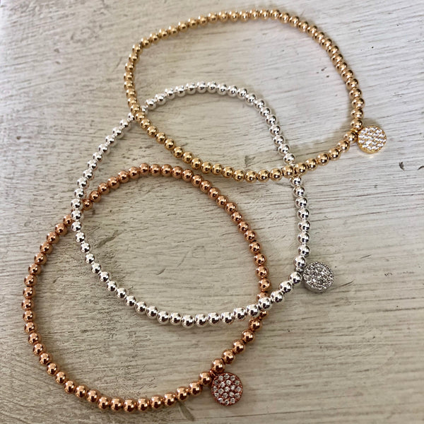 4mm Bead Stretch Bracelet with Matching Cubic Zirconia Round Disc Charm