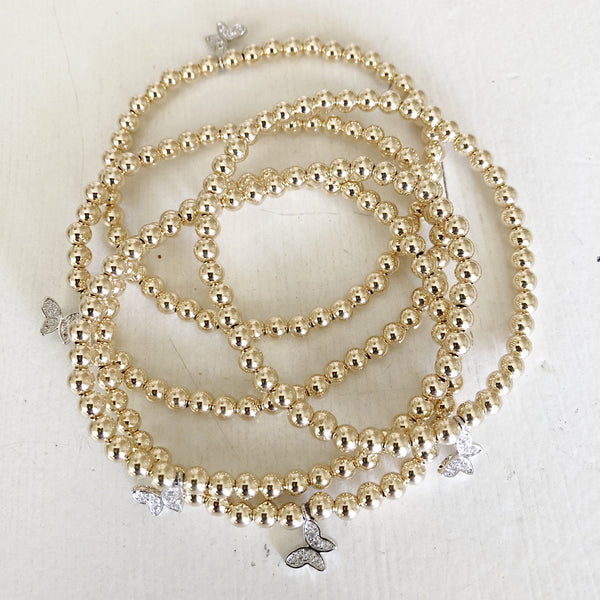 4mm Beaded Stretch Bracelet with Silver/Cubic Zirconia Butterfly Charm