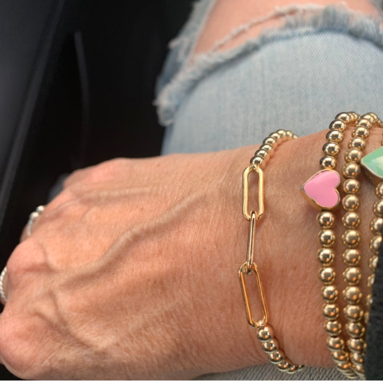14K Yellow Gold Heart Beads Plus 1 inch Chain Charm Bracelet 6.5