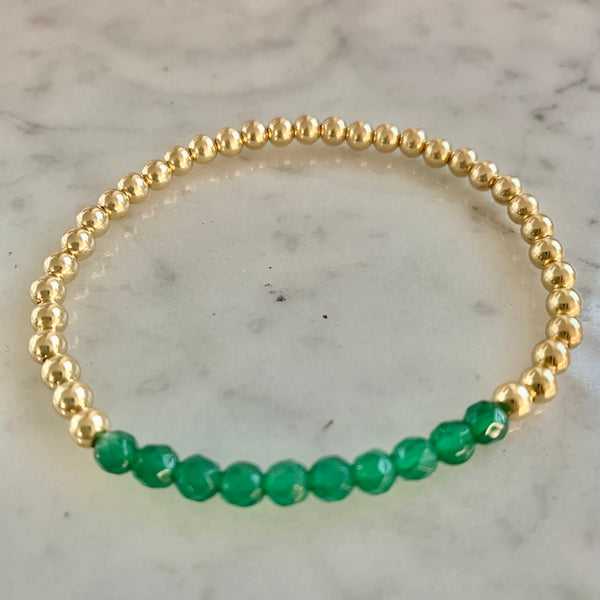 4mm Beaded Bracelet with a Row of Green Jade or Agate Gemstones