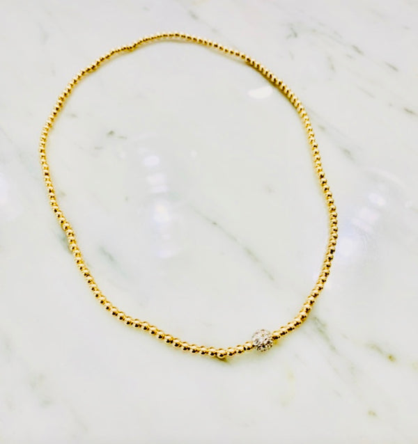 3mm Beaded Stretch Necklace w/ 6mm Sterling Silver Cubic Zirconia Bead