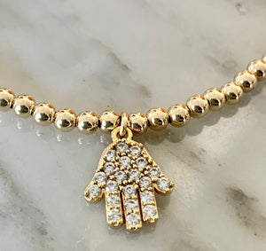14k Yellow Gold Filled Beaded Bracelet w/ CZ Hamsa Charm
