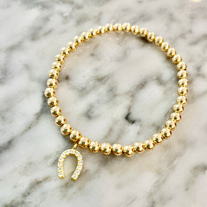 14k Yellow Gold Filled Beaded Bracelet w/ CZ Horse Shoe Charm
