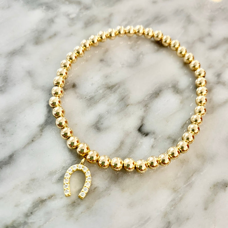 14k Yellow Gold Filled Beaded Bracelet w/ CZ Horse Shoe Charm