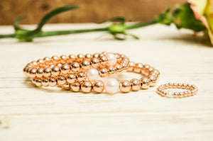 14kt Rose Gold Filled Stackable Beaded Bracelet Adorned with One Fresh Water Pearl