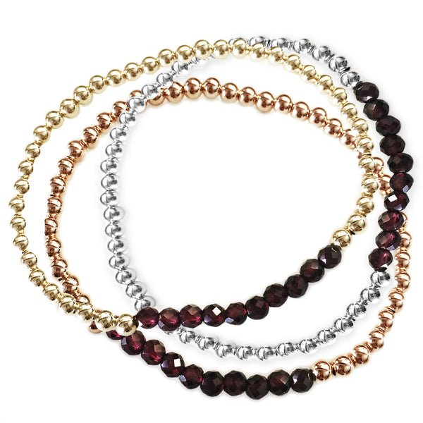 4mm Beaded Bracelet with a Row of Garnet Gemstones